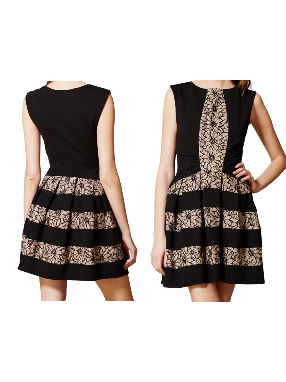 Eva Franco Black Nude Lace Panel Fit & Flare Cocktail Dress Sleeveless 0 USA